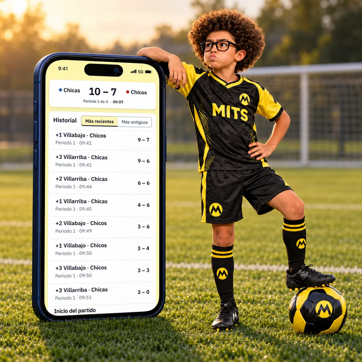 Deportista de fútbol con la equipación de MITS junto a un móvil con el marcador del partido